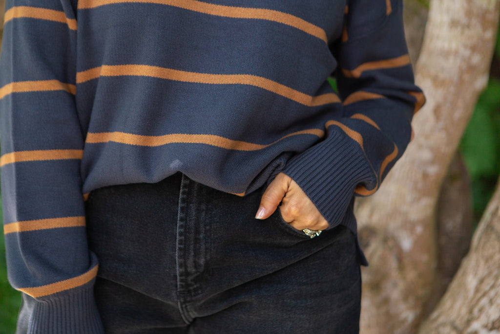 Boxy Cut Striped Sweater - Navy