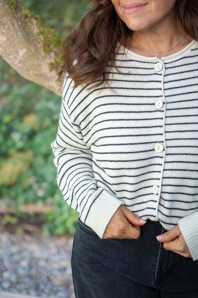 Striped Cream & Black Button Up Cardigan