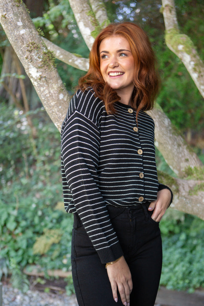 Striped Black & Cream Button Up Cardigan