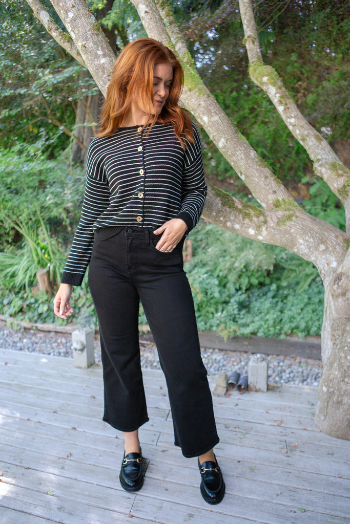 Striped Black & Cream Button Up Cardigan