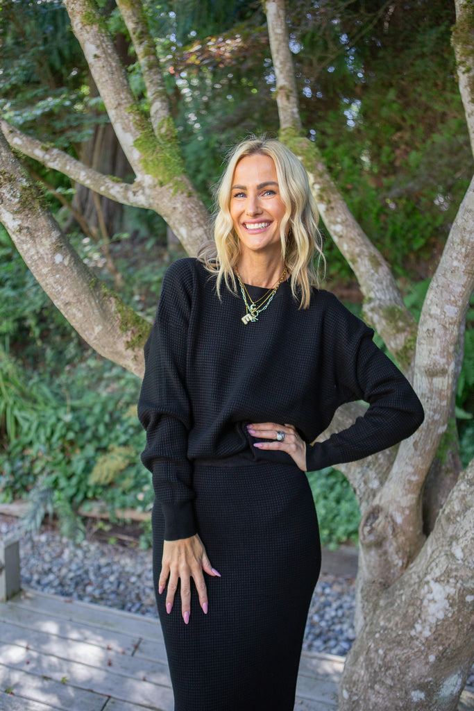 Waffle Sweater & Skirt Set - Black