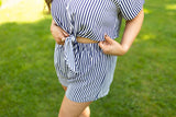 Striped Button Up Casual Set - Navy