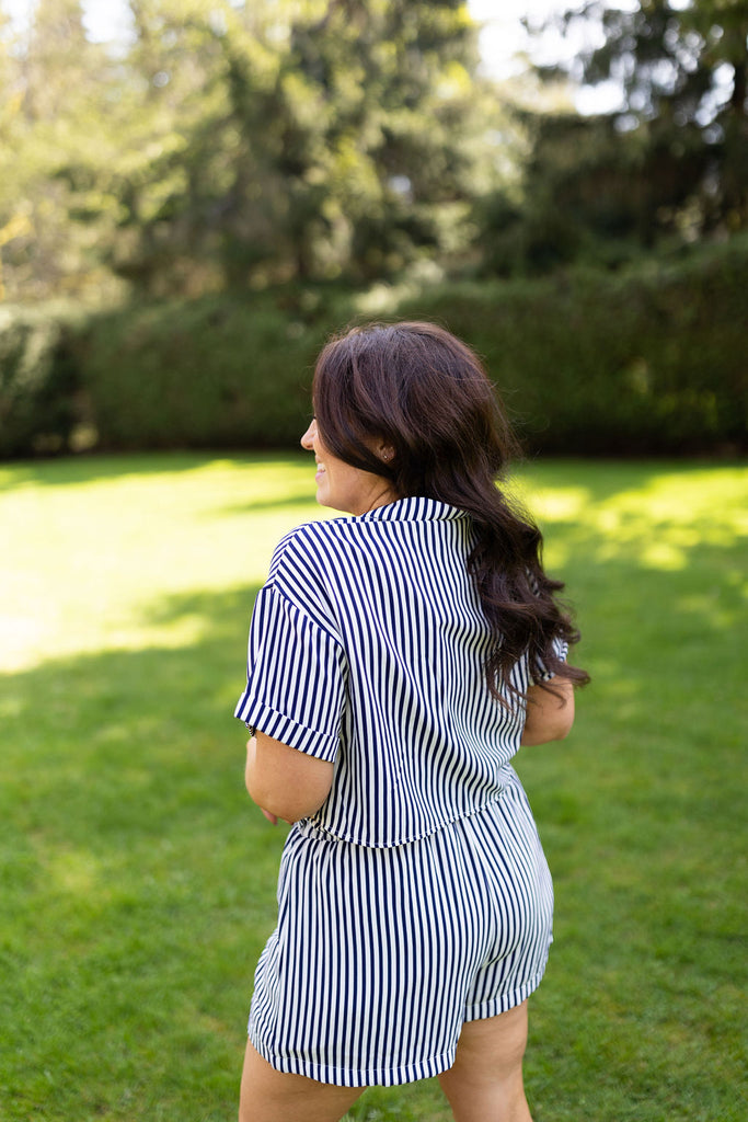 Striped Button Up Casual Set - Navy