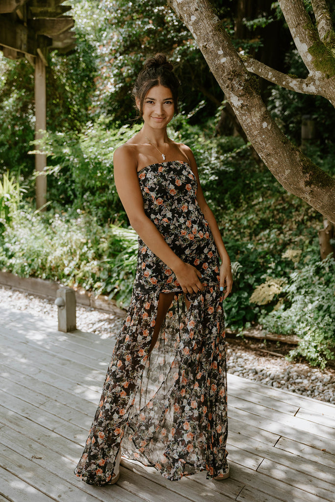 Floral/Black Strapless Maxi