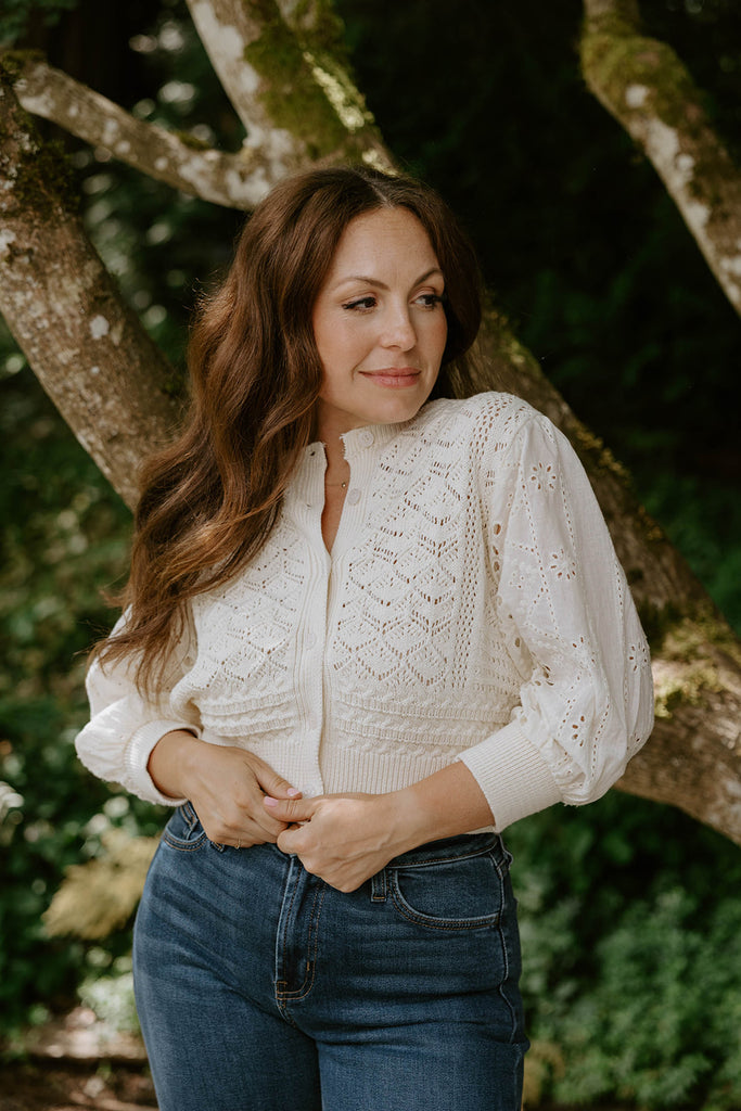 Crochet Mixed Material Cardigan - Cream