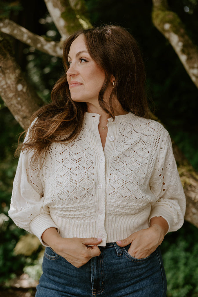 Crochet Mixed Material Cardigan - Cream
