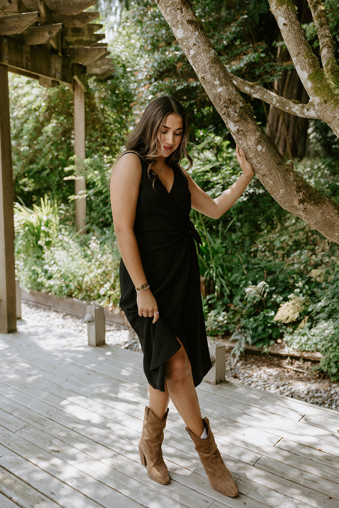 Linen Mock Wrap Dress with Tie - Black