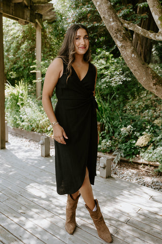 Linen Mock Wrap Dress with Tie - Natural