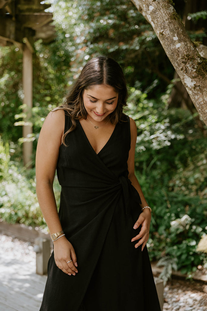 Linen Mock Wrap Dress with Tie - Black