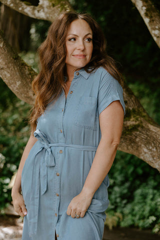 Linen Mock Wrap Dress with Tie - Natural
