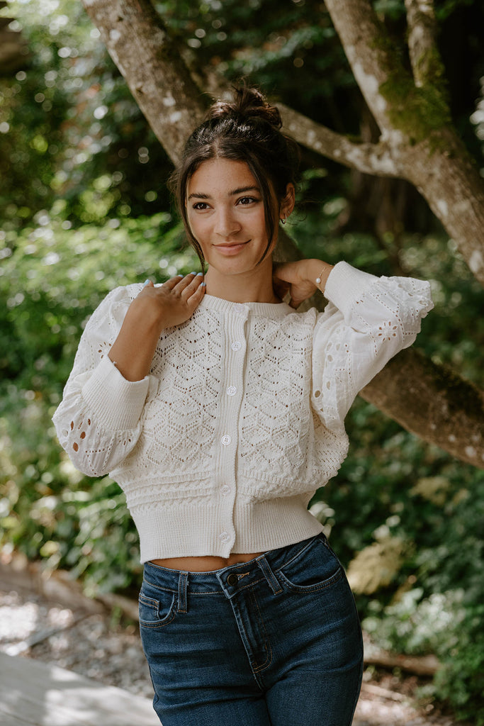 Crochet Mixed Material Cardigan - Cream