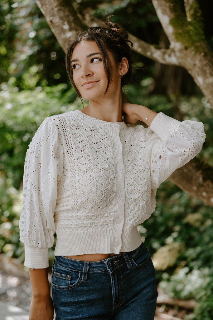Crochet Mixed Material Cardigan - Cream