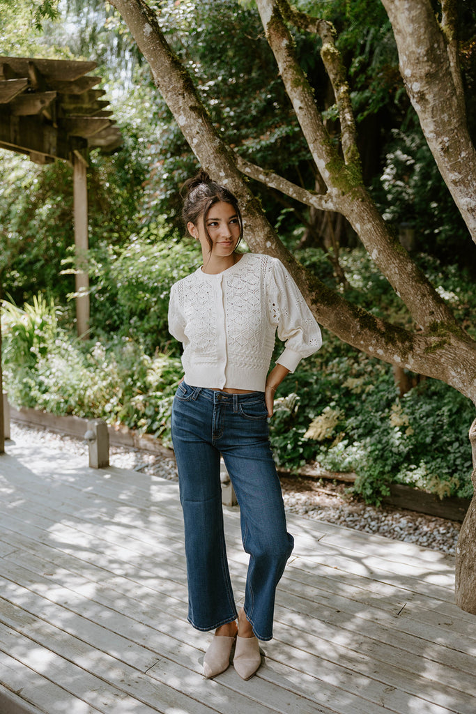 Crochet Mixed Material Cardigan - Cream
