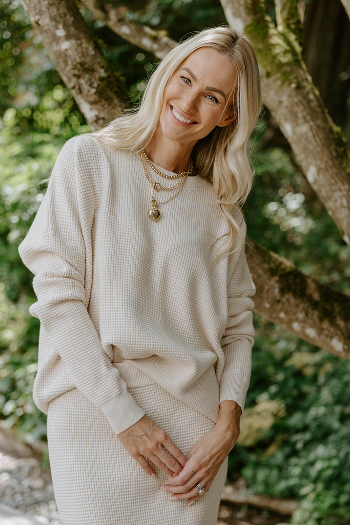 Waffle Sweater & Skirt Set - Oat