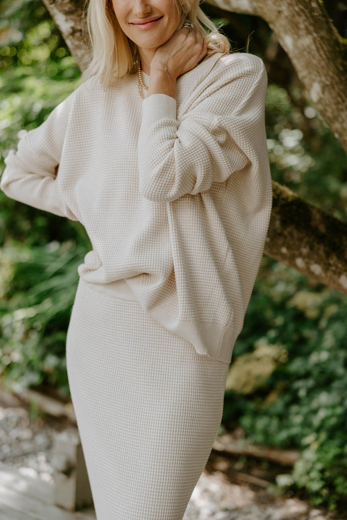 Waffle Sweater & Skirt Set - Oat
