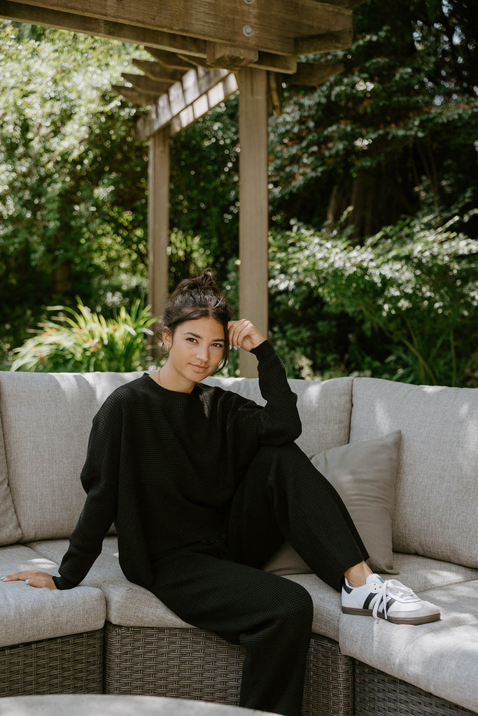 Waffle Textured Sweater & Pant Set - Black