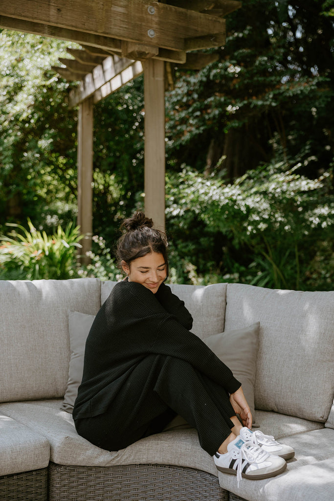Waffle Textured Sweater & Pant Set - Black