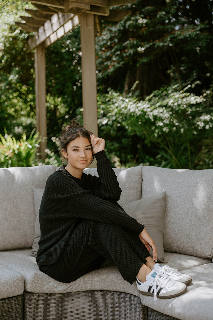 Waffle Textured Sweater & Pant Set - Black