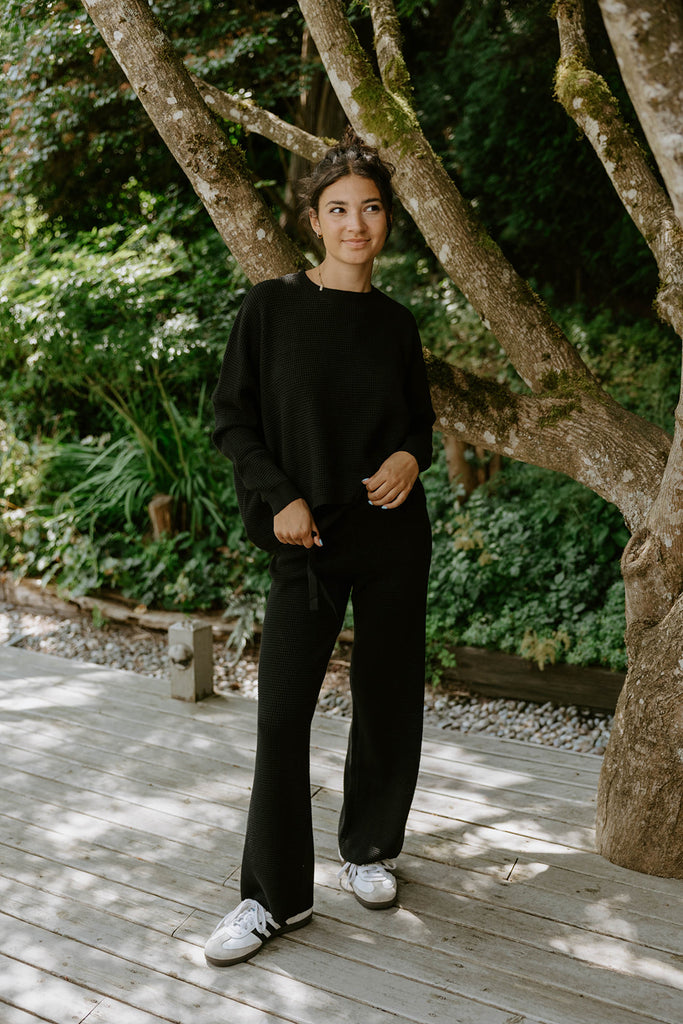 Waffle Textured Sweater & Pant Set - Black
