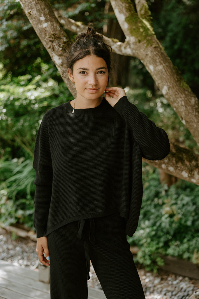 Waffle Textured Sweater & Pant Set - Black