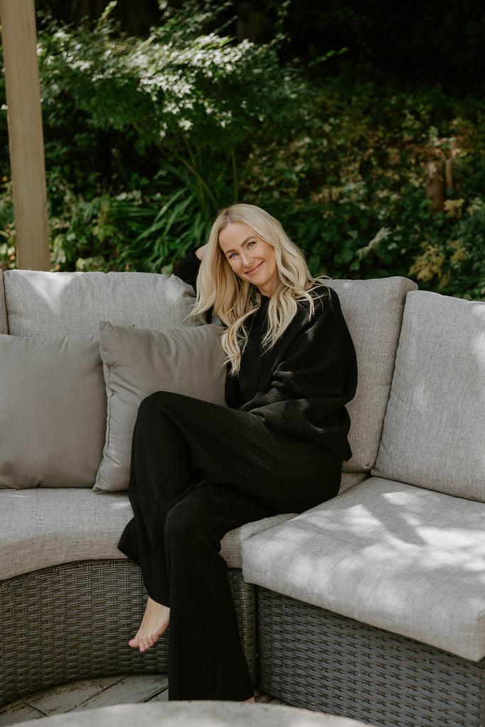Waffle Textured Sweater & Pant Set - Black