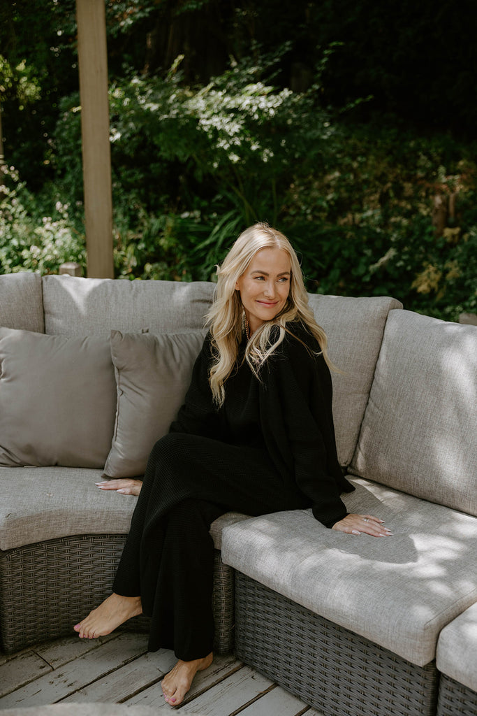 Waffle Textured Sweater & Pant Set - Black