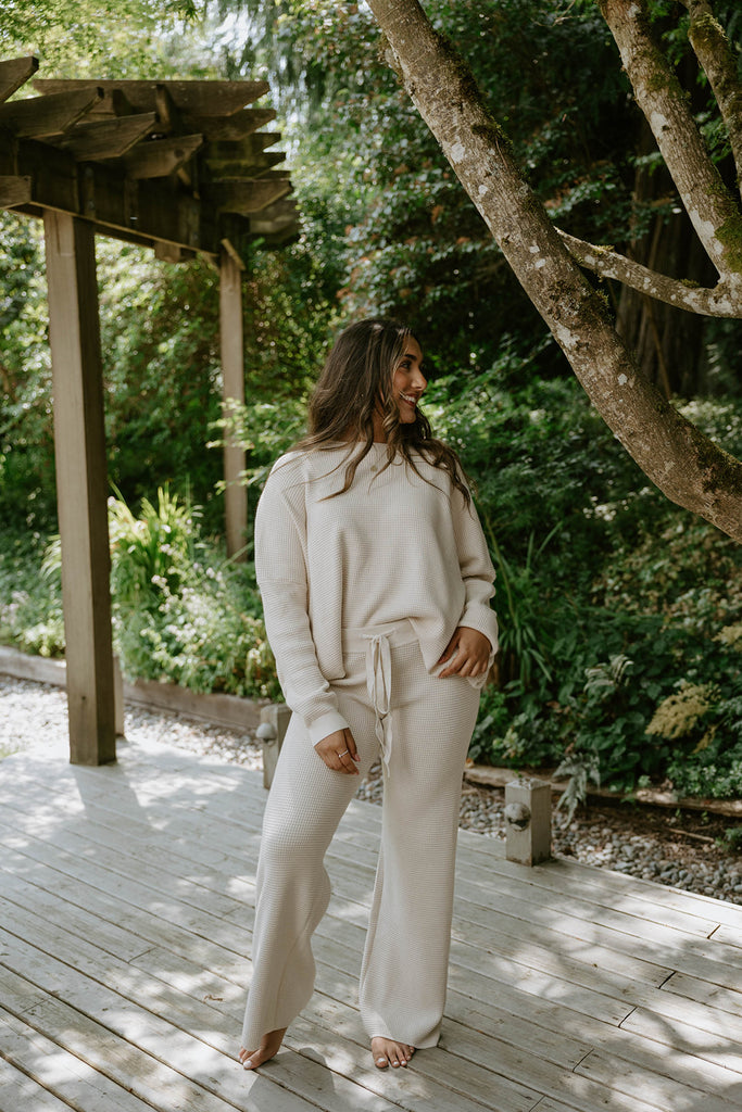 Waffle Textured Sweater & Pant Set - Oat