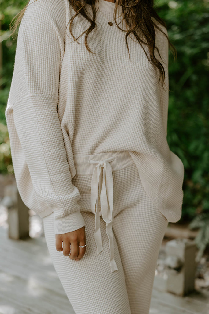 Waffle Textured Sweater & Pant Set - Oat