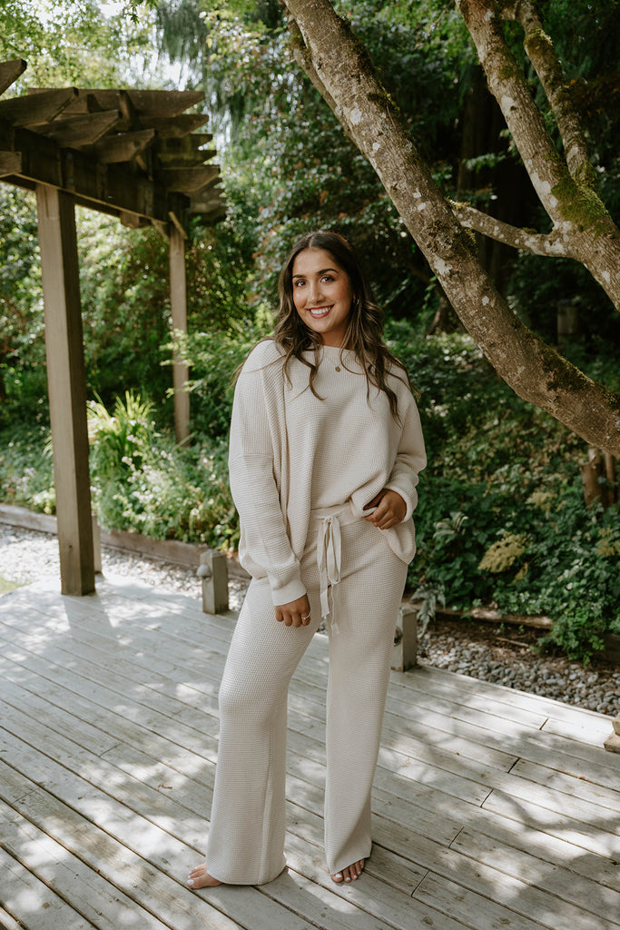 Waffle Textured Sweater & Pant Set - Oat
