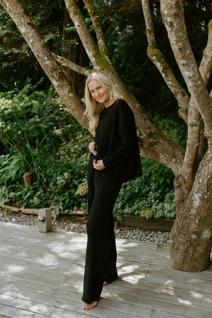 Waffle Textured Sweater & Pant Set - Black