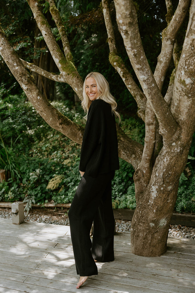 Waffle Textured Sweater & Pant Set - Black