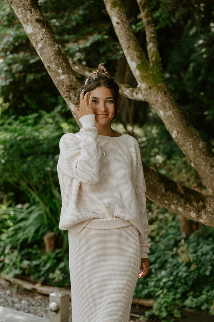 Waffle Sweater & Skirt Set - Oat