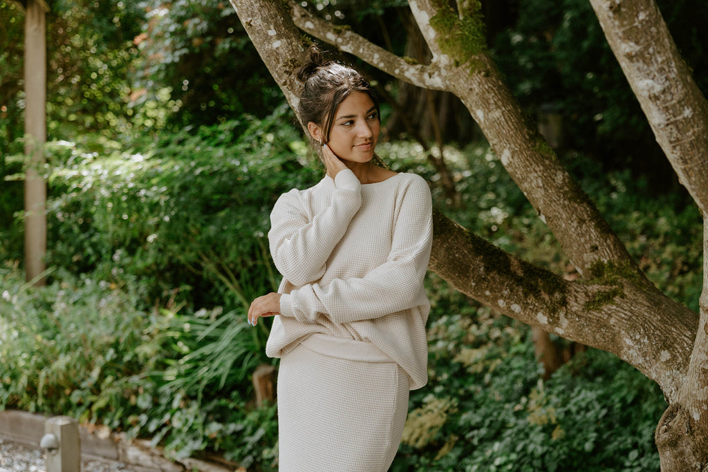 Waffle Sweater & Skirt Set - Oat