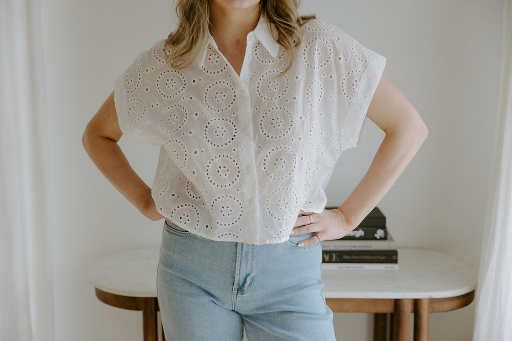 White Eyelet Button Up