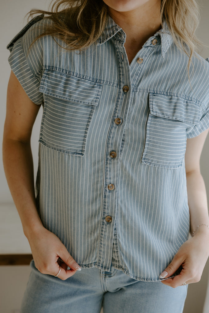 Striped Tencel Button Up - Blue