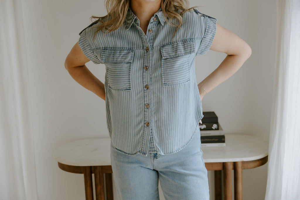 Striped Tencel Button Up - Blue