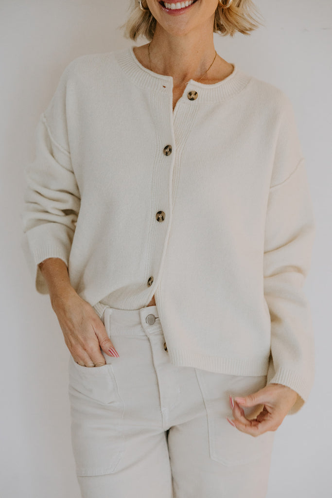 Button Up Cardigan with Exposed Seam - Cream