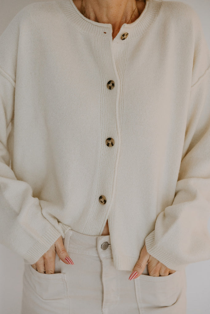 Button Up Cardigan with Exposed Seam - Cream
