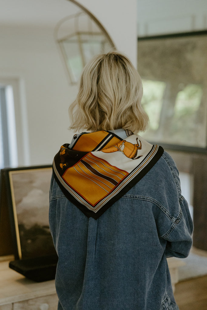 Horse Print Silk Scarf - Blue/Orange