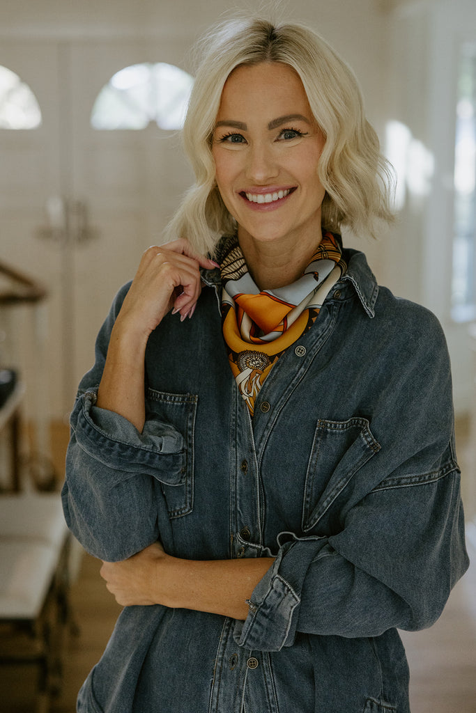 Horse Print Silk Scarf - Blue/Orange