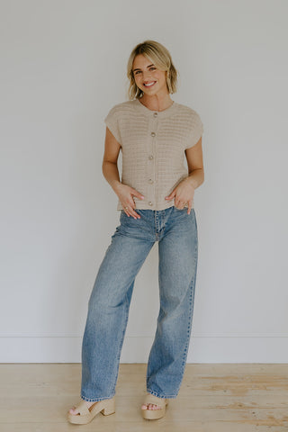 Striped Knit Short Sleeve Cardi - Mocha