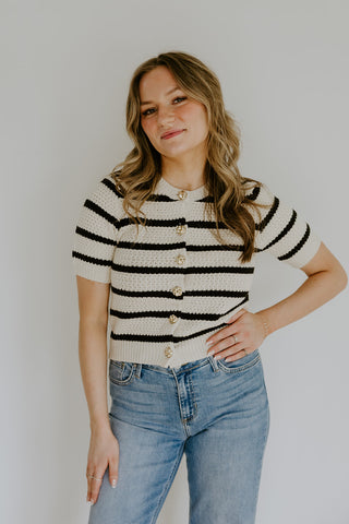 Striped Knit Short Sleeve Cardi - Mocha