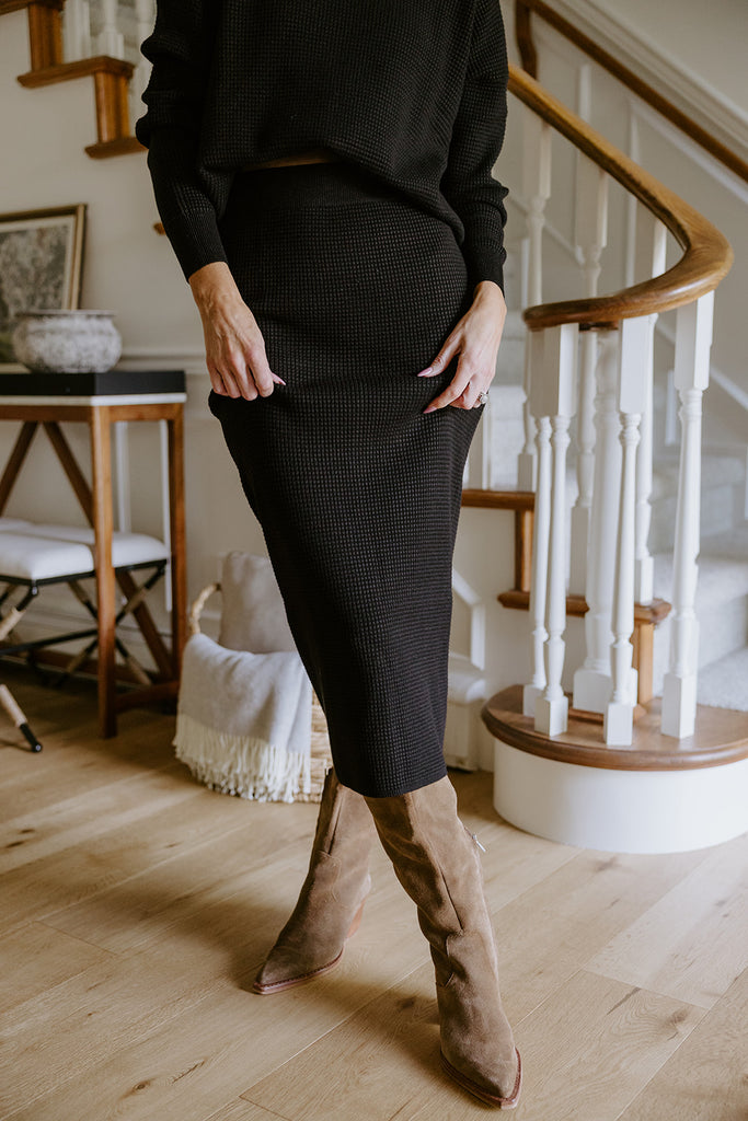 Waffle Sweater & Skirt Set - Black