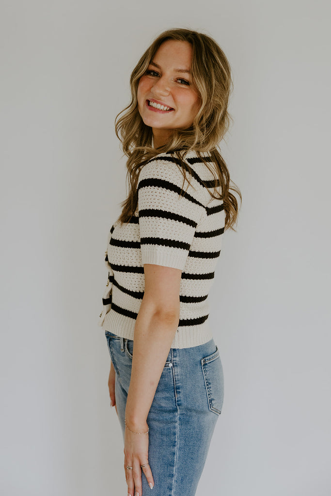 Striped Knit Short Sleeve Cardi - Natural