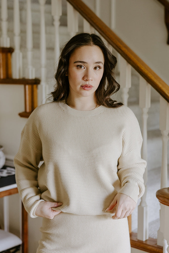 Waffle Sweater & Skirt Set - Oat
