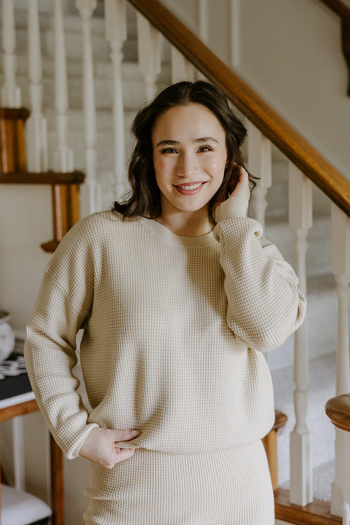 Waffle Sweater & Skirt Set - Oat