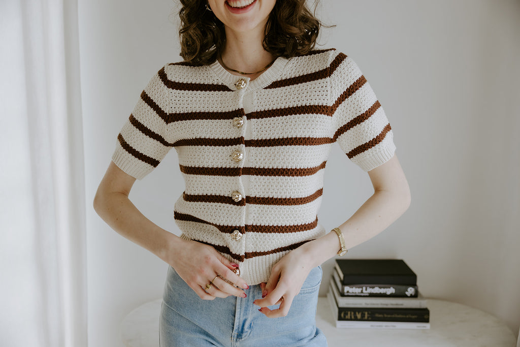 Striped Knit Short Sleeve Cardi - Mocha