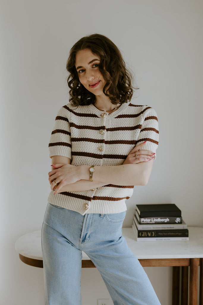Striped Knit Short Sleeve Cardi - Mocha