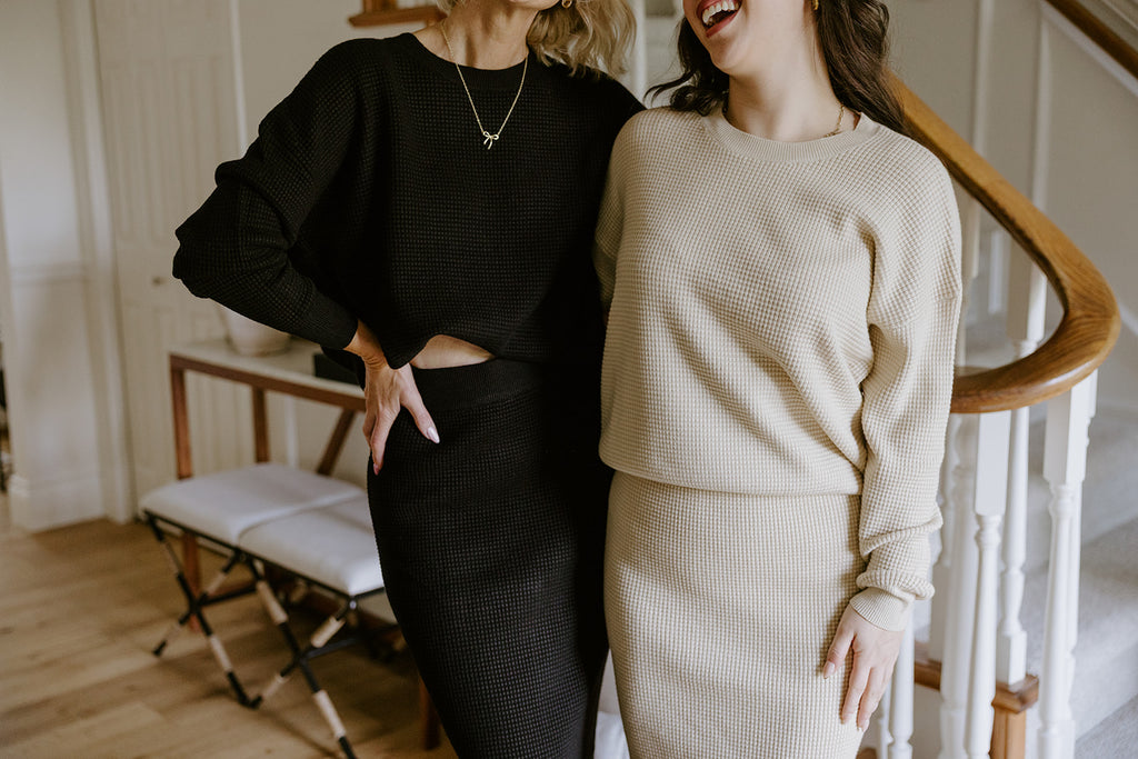 Waffle Sweater & Skirt Set - Black