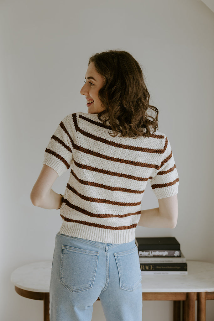 Striped Knit Short Sleeve Cardi - Mocha